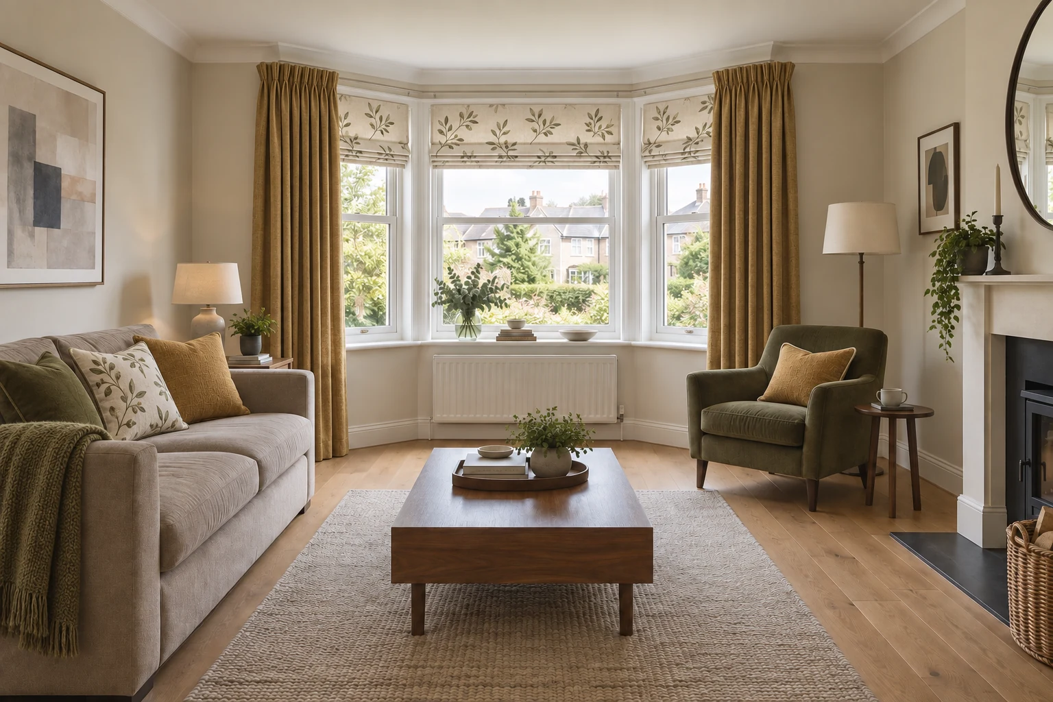 A refined bay-window lounge with ochre curtains, botanical Roman blinds and olive cushions