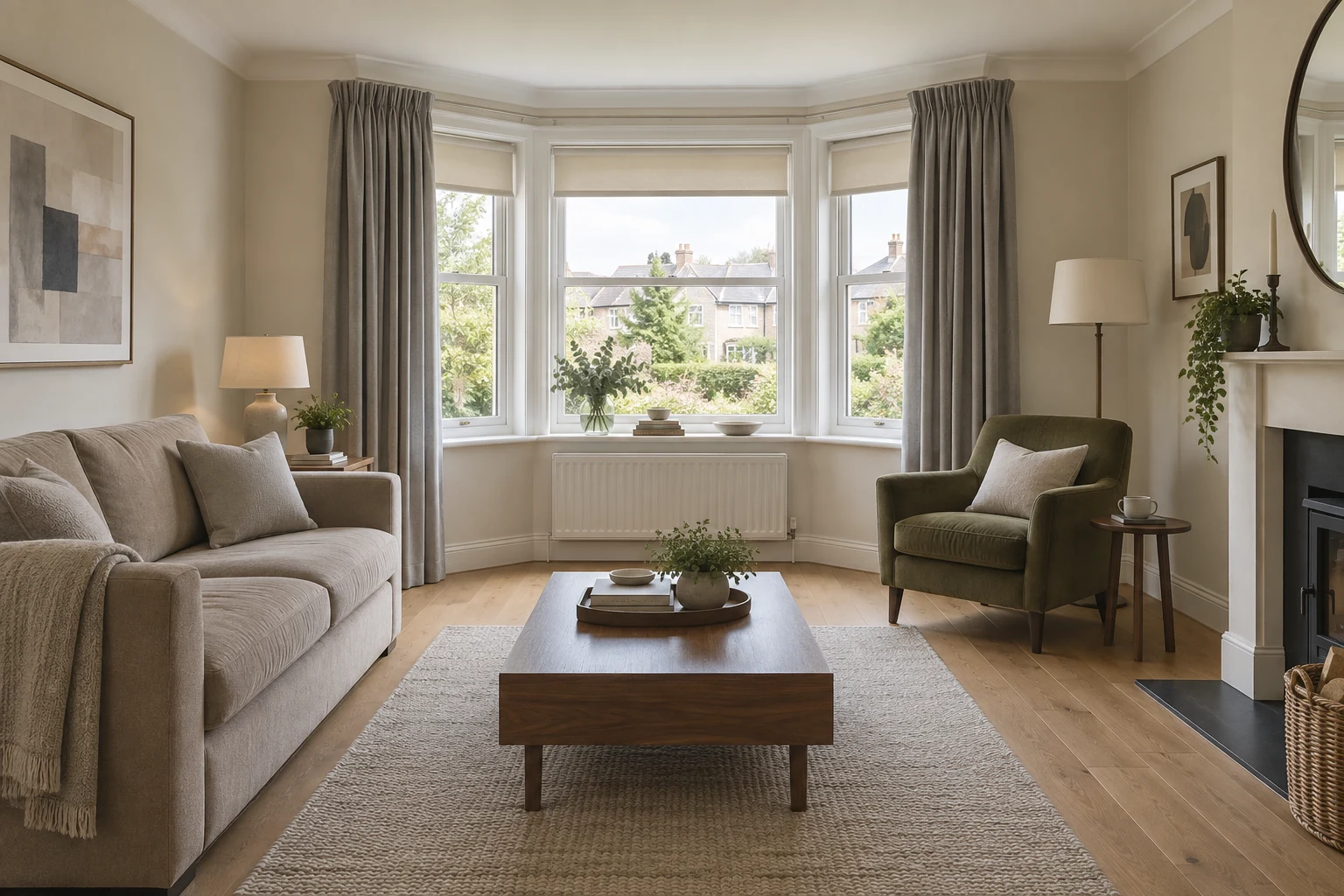 The same bay-window lounge with grey curtains, plain roller blinds and neutral cushions