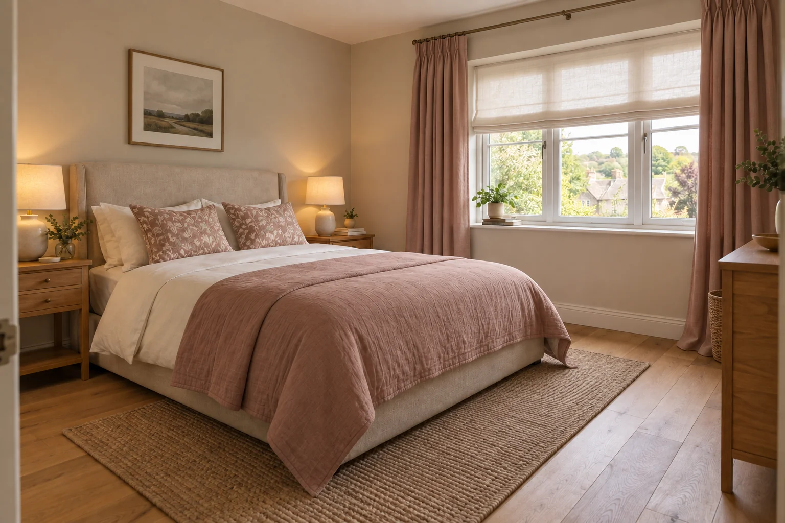 Dusty-rose bespoke curtains and coordinating bedding