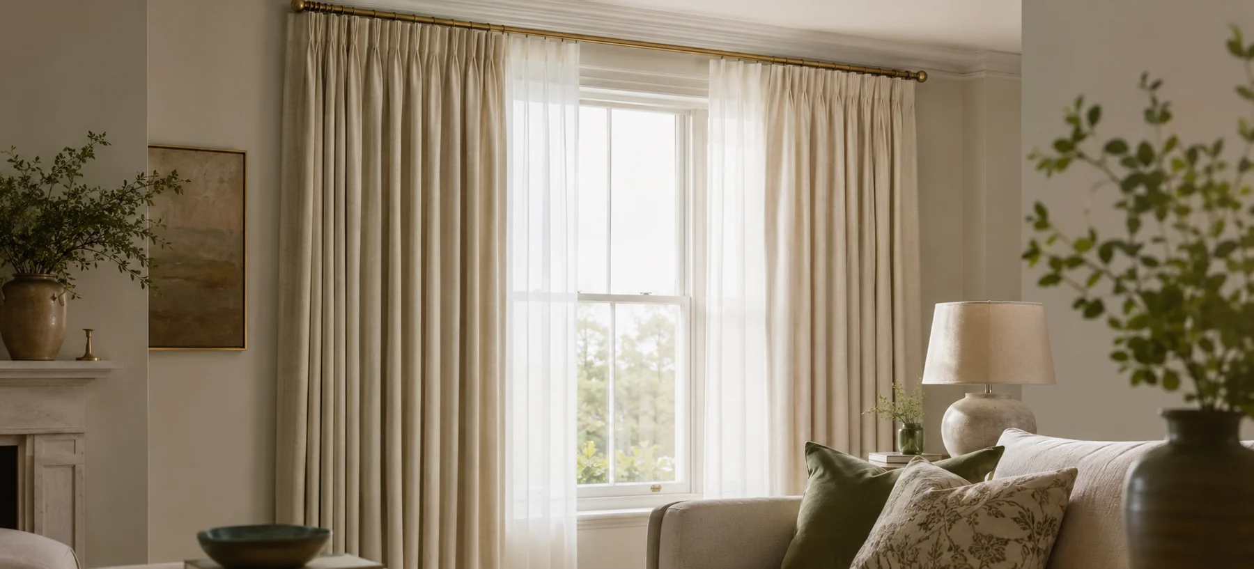 Bespoke ivory linen curtains in sunlight
