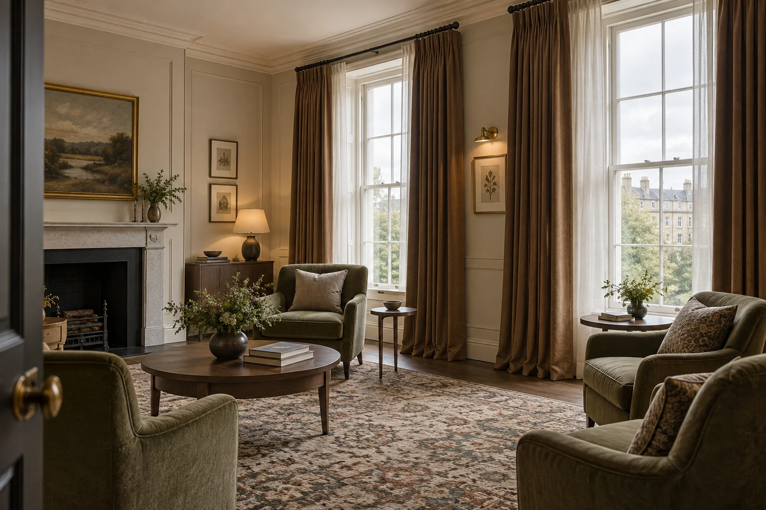 A boutique lounge with tailored tobacco curtains
