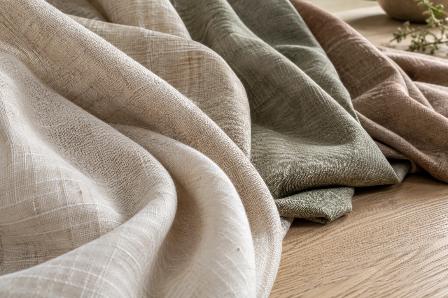 Tactile woven curtain fabrics in a soft neutral palette