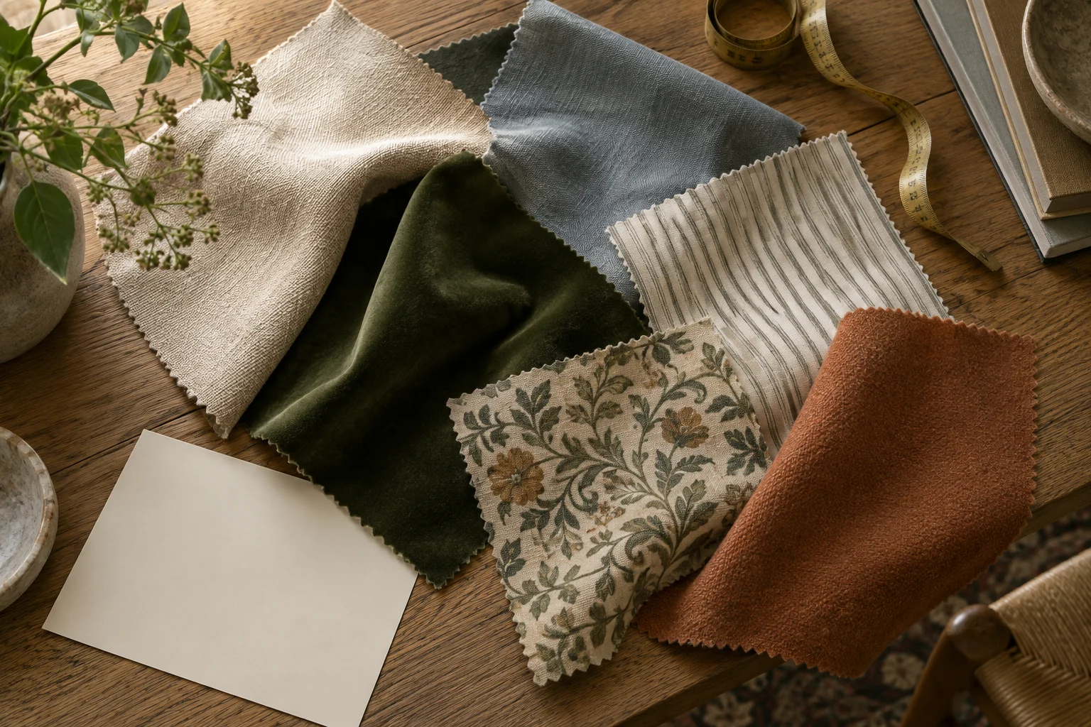 Textured fabric samples in linen, velvet, stripe and botanical finishes