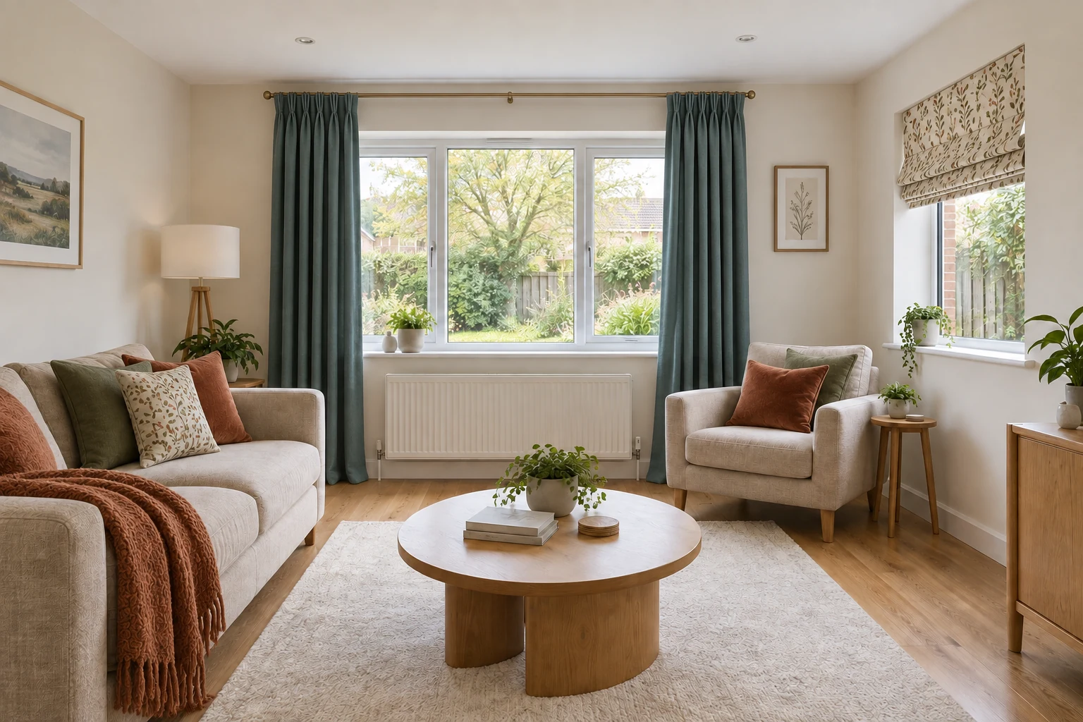 A modern family living room with teal curtains, a botanical Roman blind and warm coordinated cushions