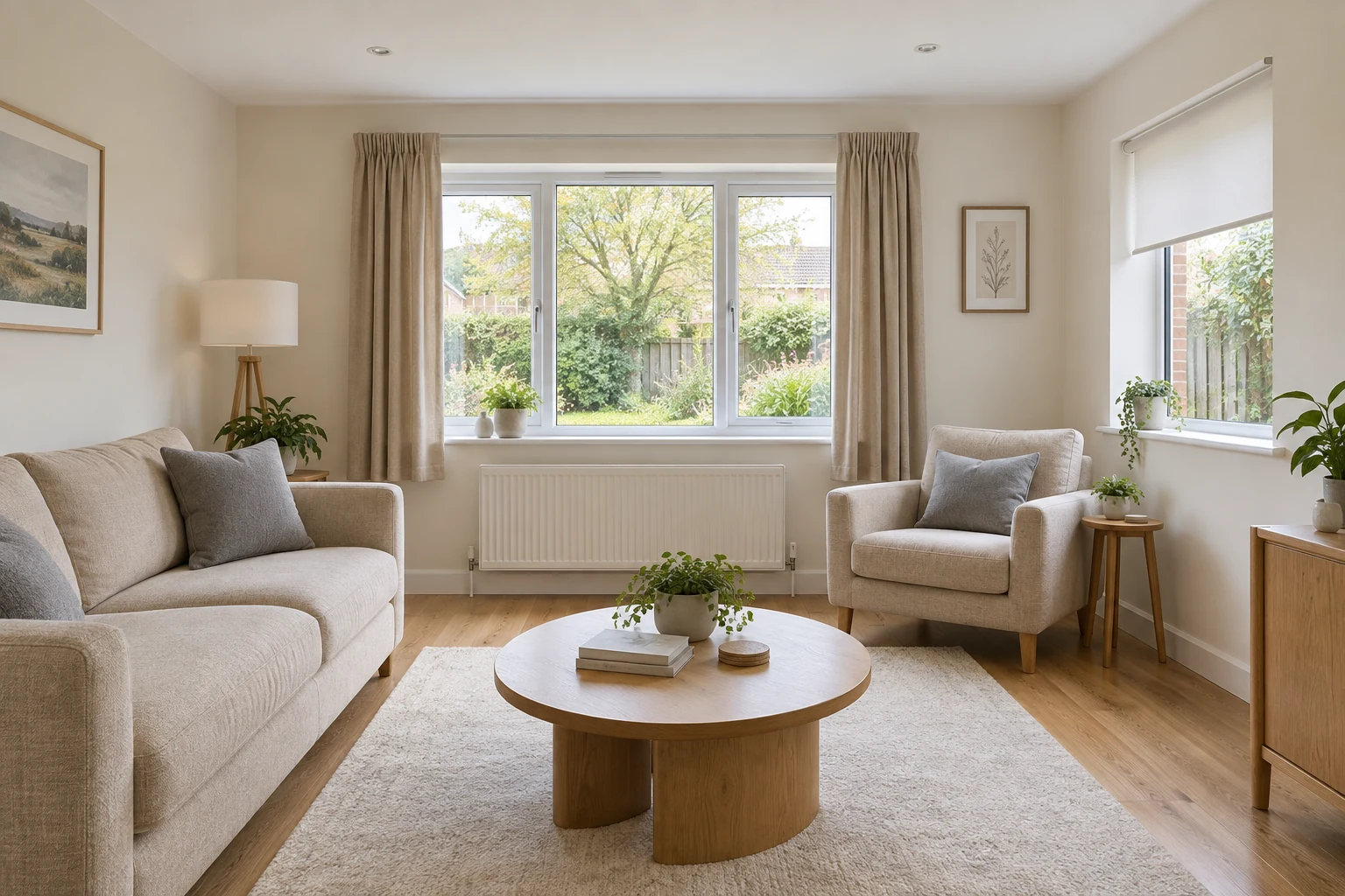 The same family living room with plain beige curtains, a white roller blind and grey cushions