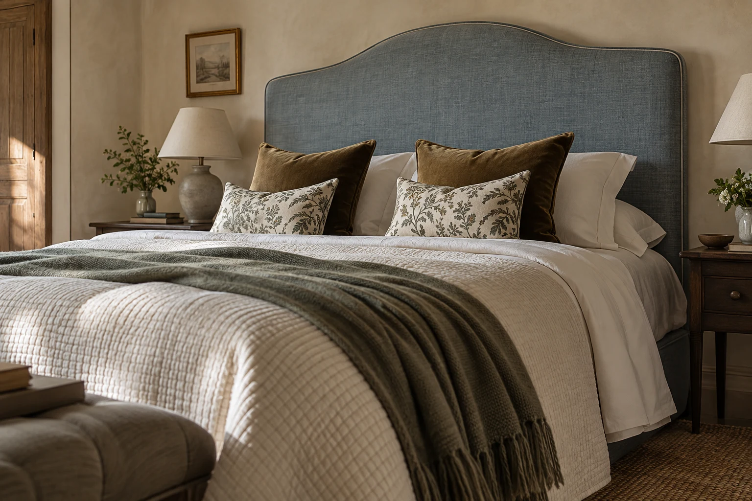 Dusty blue upholstered headboard with coordinating bedding