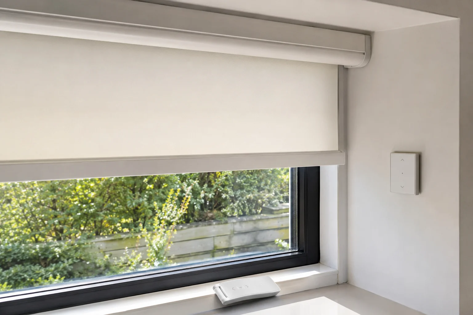 Motorized cream roller blind, daylit kitchen