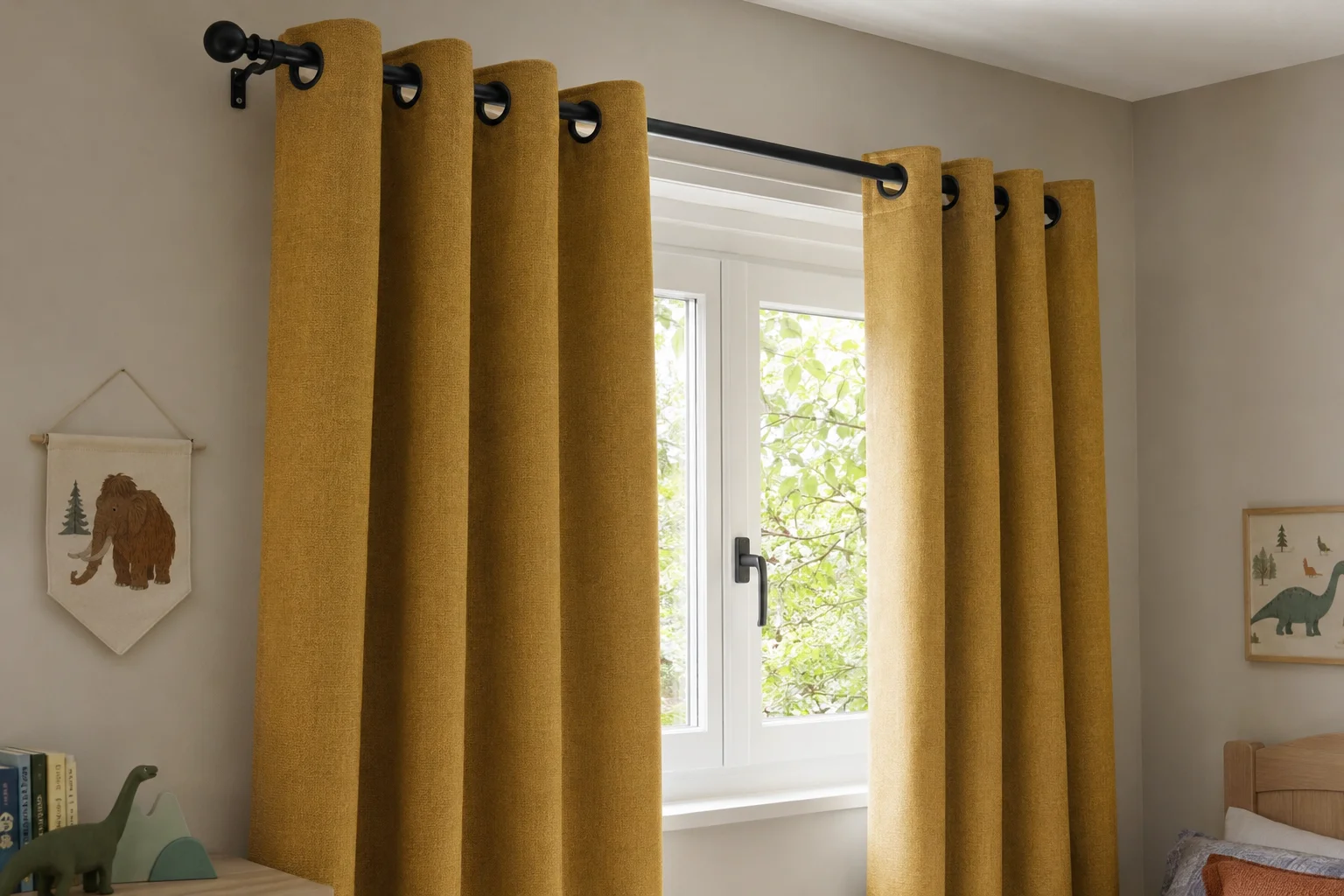 Mustard eyelet curtains at a leafy window
