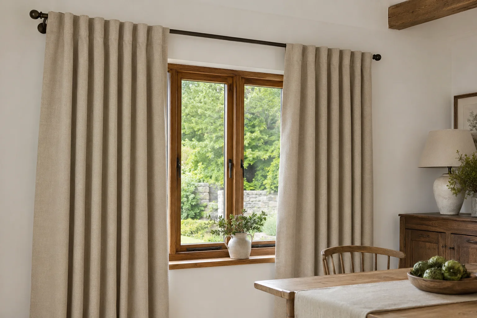 Oatmeal cartridge pleat curtains by countryside window