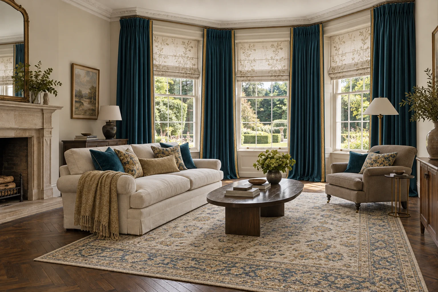 An elegant drawing room with peacock-blue curtains and Roman blinds