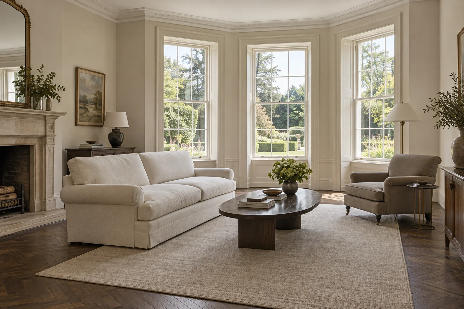 The same drawing room with bare bay windows