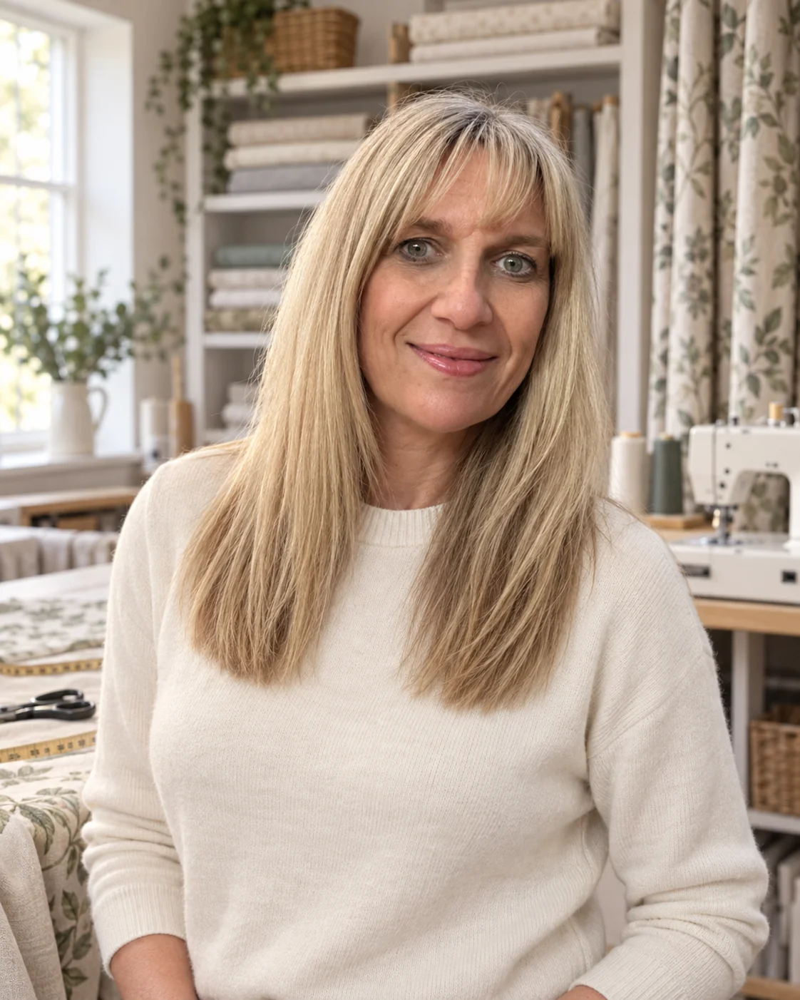 Sacha, founder of Curtain Creations, in a curtain workroom
