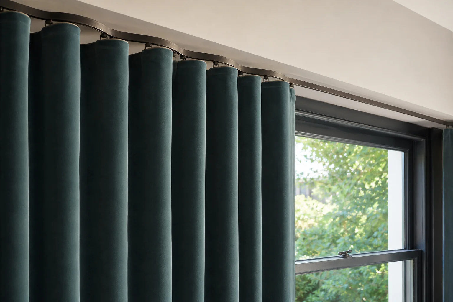 Teal Velvet Wave Curtains in Daylight